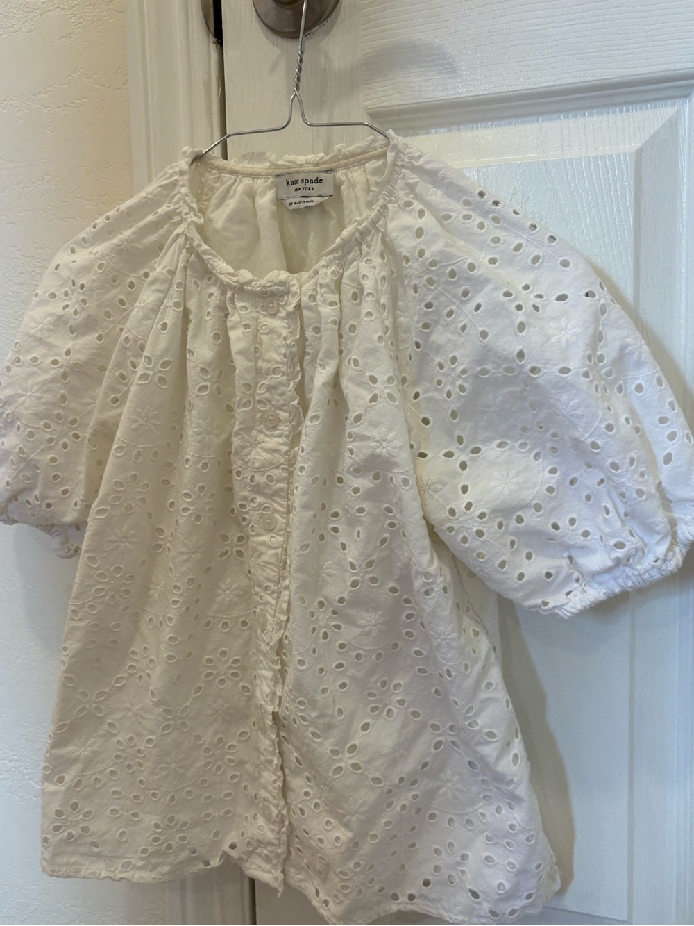 kate spade Cream Eyelet Button-Front Puff Sleeve Top
